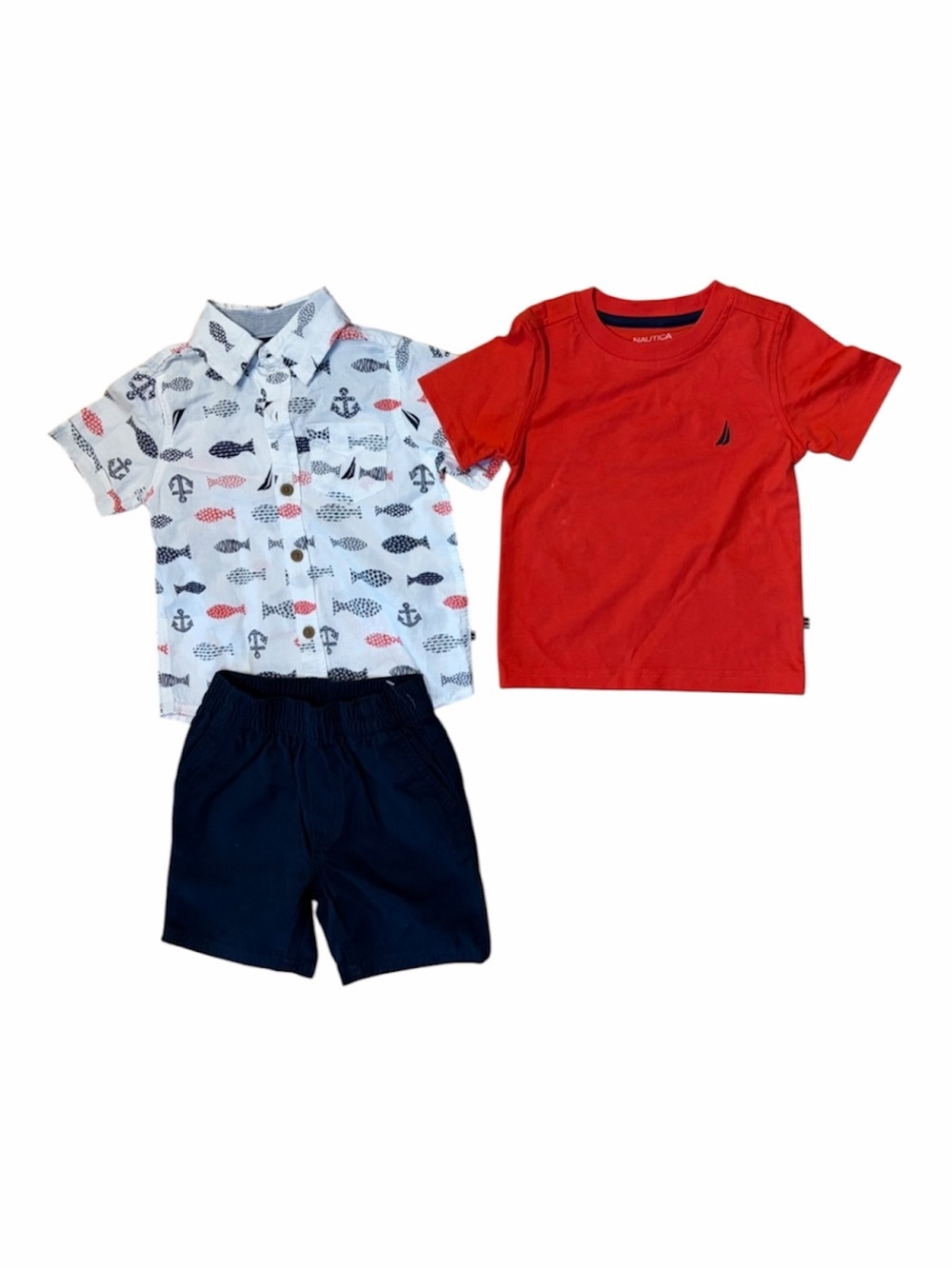 Nautica Red Tee with Navy Shorts & Fish-Print Button Shirt